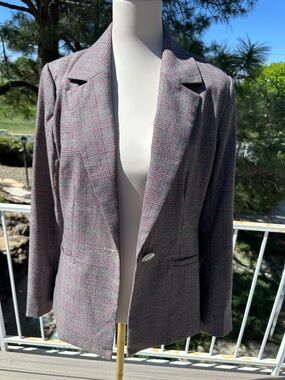 Boston Proper Gray Plaid Blazer with Pink Windowpane